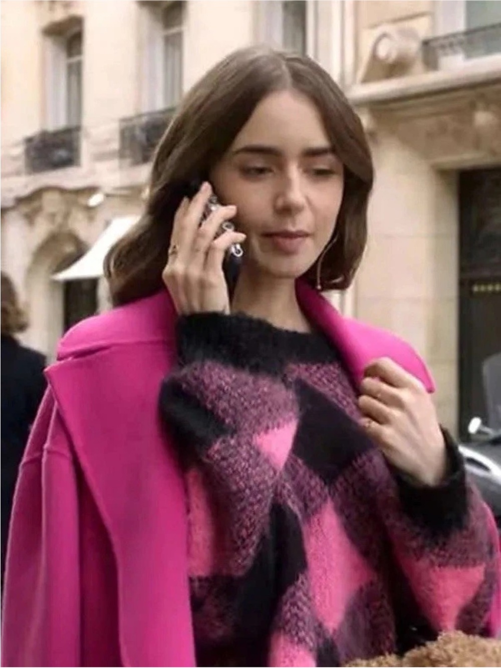 Sandro Pink and Black Geometric Knit Sweater ASO Emily in Paris